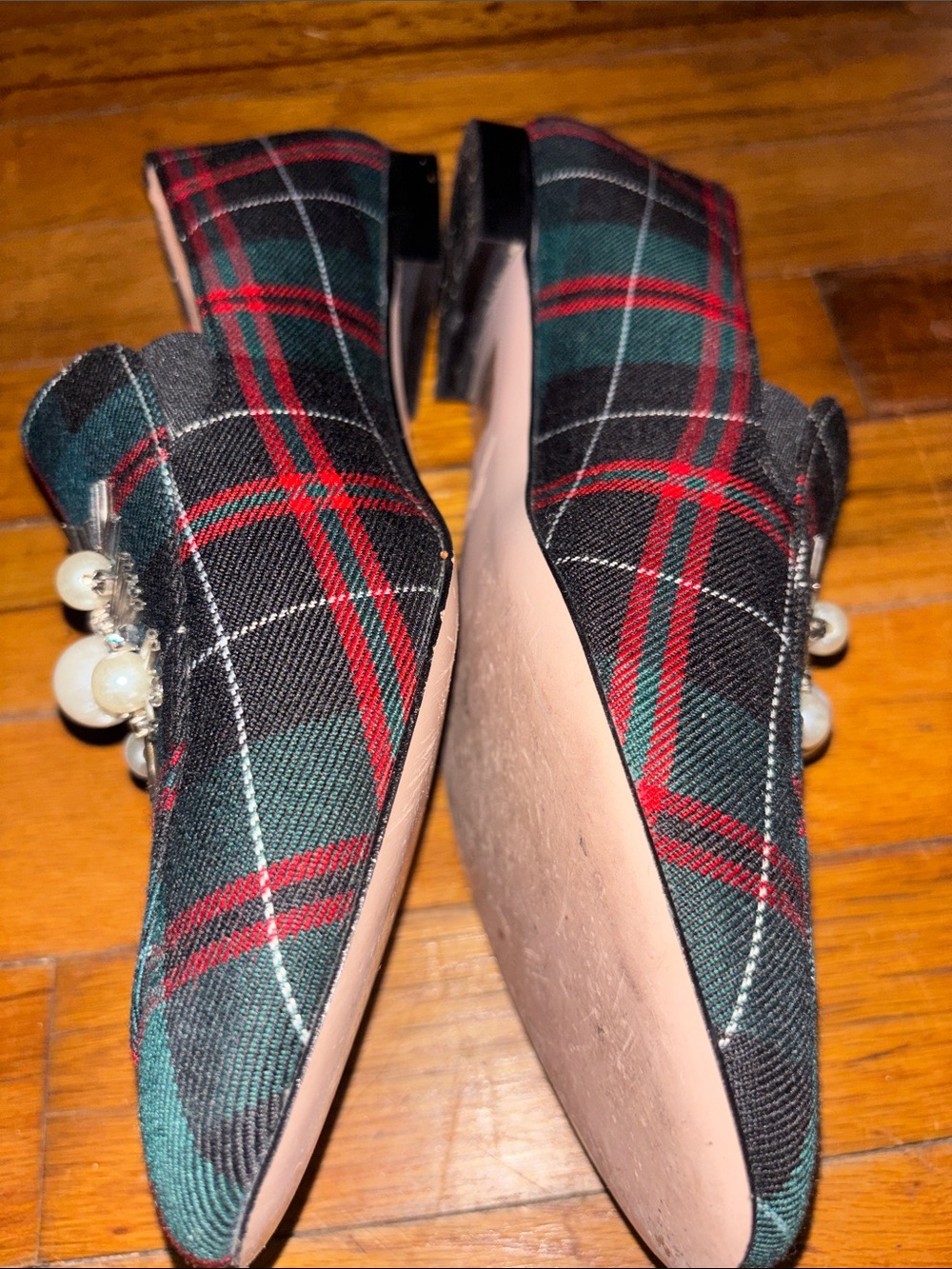J. Crew Green and Red Plaid Pearl-Embellished Loafers - Picture 3 of 4